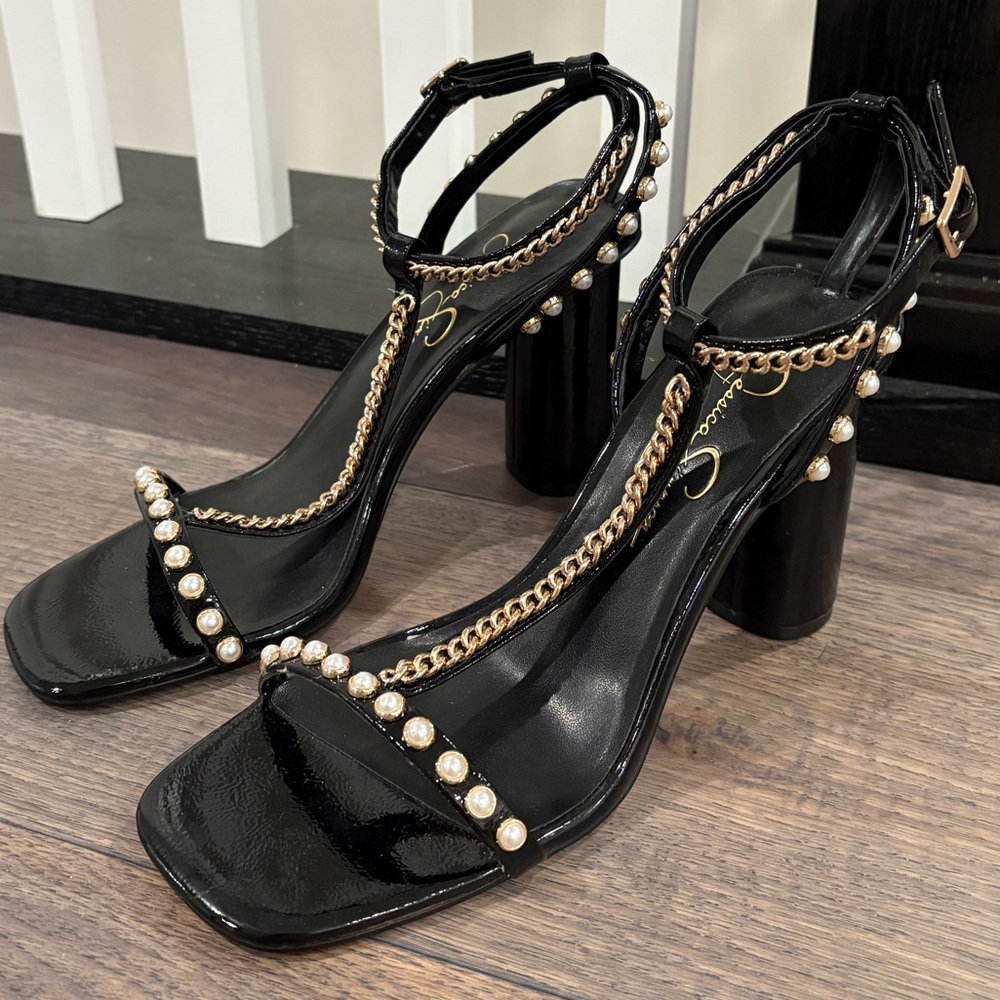 Jessica Simpson Black and Gold Heels with Pearl Accents Size 9M/40